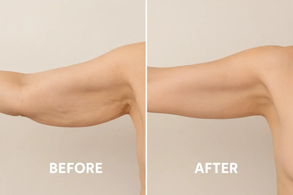 Picture of LA LIPO Sedgley Park before and after results of skin tightening treatment on the upper arms.