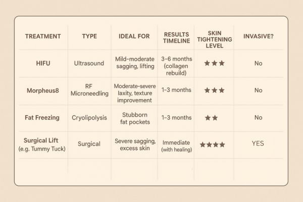 Table showing the comparisons of Skin tightening Sedgley Park treatment options.